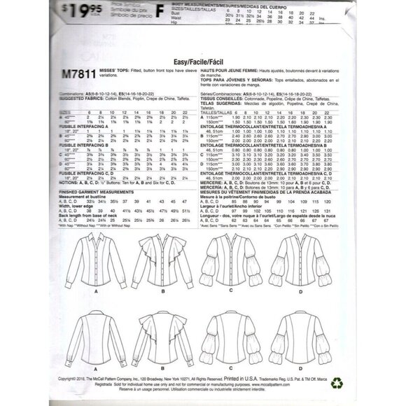McCall's M7811 Misses 6 to 14 Button Up Top Uncut Sewing Pattern - Picture 2 of 2